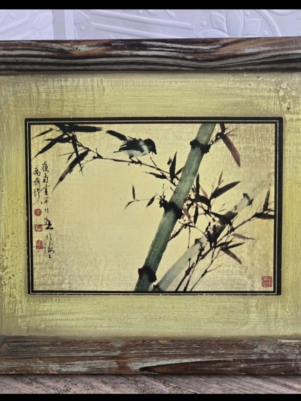 Mid Century Chinese Painting Signed Bird Bamboo Distrssed Wood Vintage
